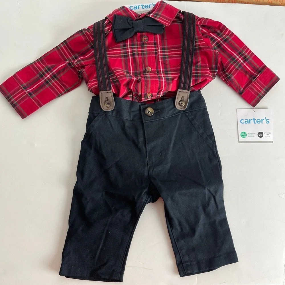 Carters Baby Boys 9M 4-Piece Plaid Shirt Suspenders Pants Bow Tie Set Red Black
